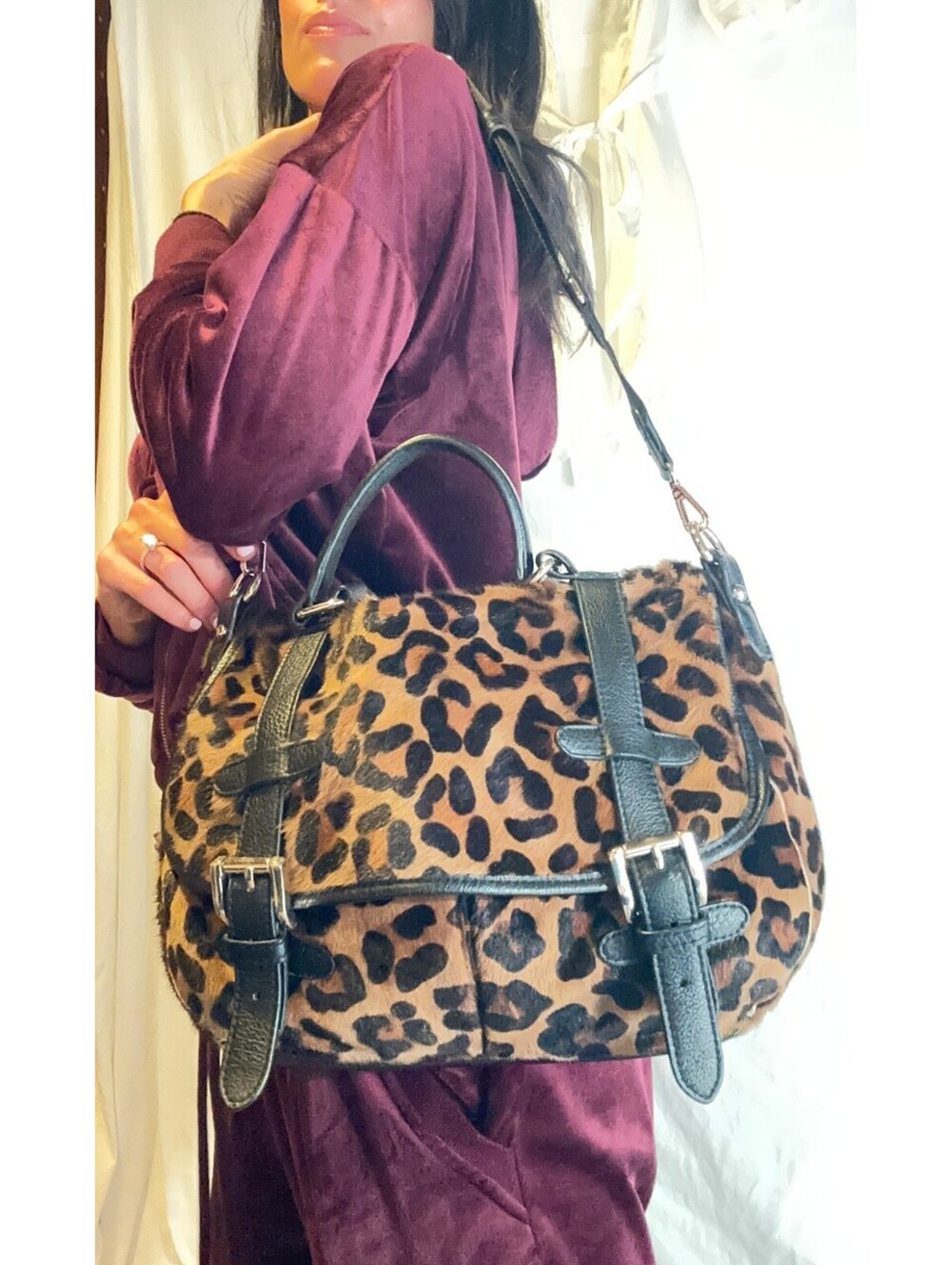 Aqua Madonna Leopard Hair-On Cowhide Leather Satchel Backpack Bag Y2K